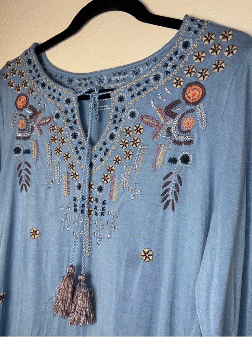 Soft surroundings embroidered long sleeve top with tassels -Blue Women's Medium - Picture 8 of 15